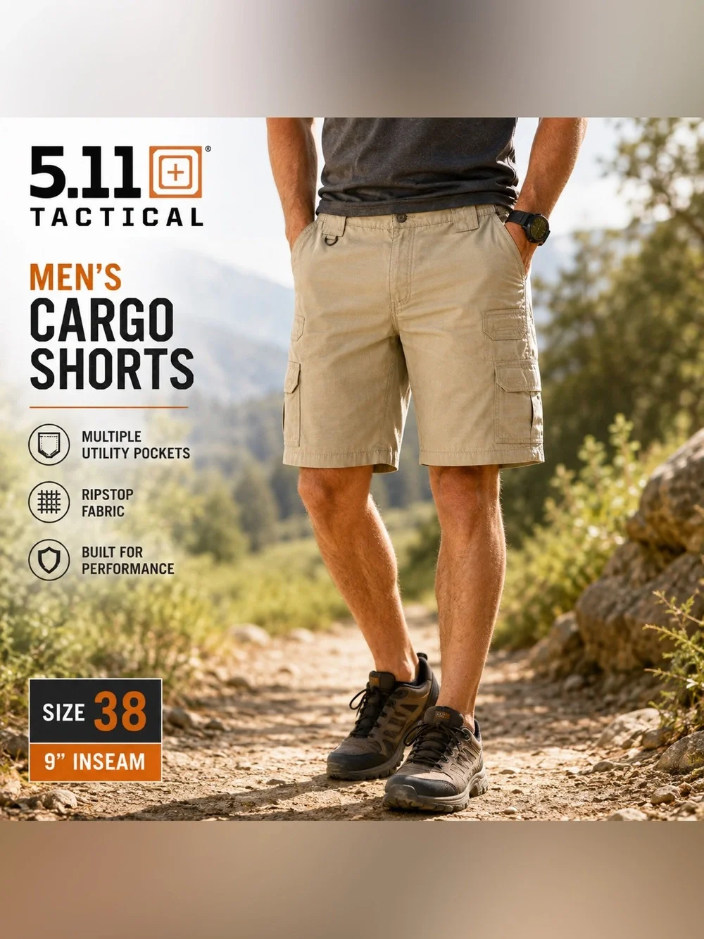 5.11 Tactical Men’s Cargo Shorts Size 38 Khaki Tan Ripstop Utility 9” Inseam